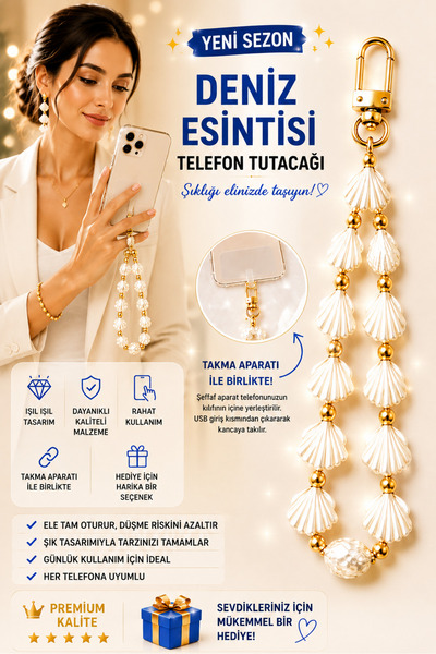 ip ✨ Deniz Esintisi Telefon Tutacağı – İnci Görünümlü Şık Telefon Askısı
