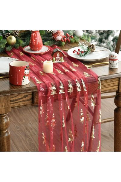 OEM Traversă de masă de Crăciun, roșie, cu motiv dalia auriu, 70x300 cm