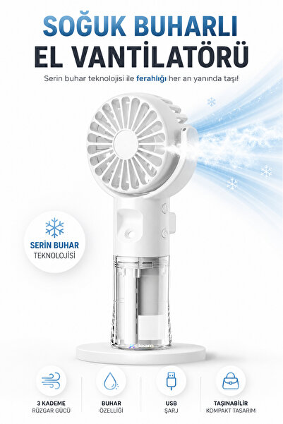 Teknodrone Su Buharlı Şarjlı Mini Fan Taşınabilir El Vantilatörü 3 Kademeli H...