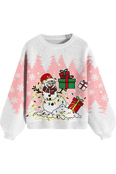 OEM Pulover damă festiv din tricot, călduros pentru Crăciun, roz, M