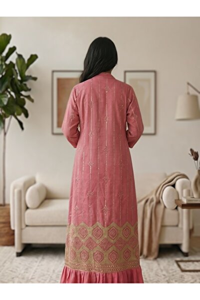 Shams Fashion جلابية تطريز ترتر ثلاث قطع أحمر