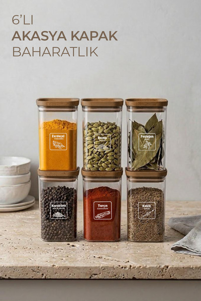 NESS HOME 6-Piece Acacia Look Spice Jar Set with Labels and Leak-Proof Lids 3...