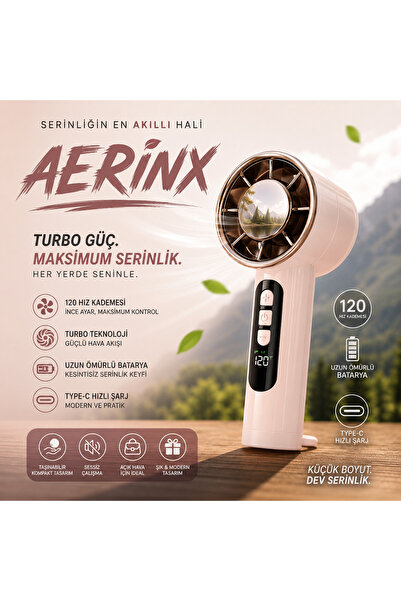 İki Yedi Konsept Aerinx Pembe Şarjlı El Fanı 6 Kademe Turbo Vantilatör Type-C...