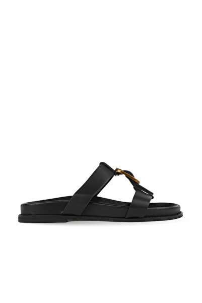 BUENO Black Leather Women's Flat Slippers