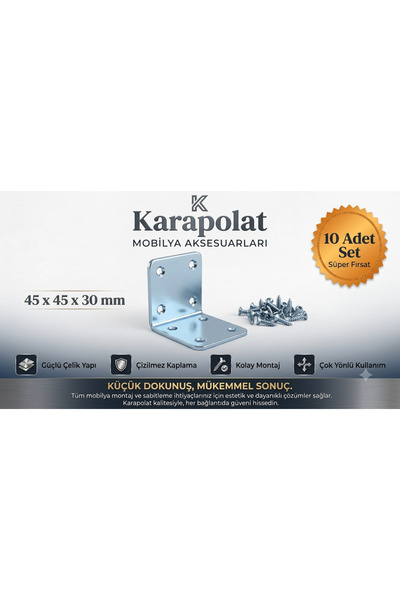 KARAPOLAT 45x45x30 L Demiri Köşebent Gönye Mobilya Dolap Duvara Sabitleme Apa...