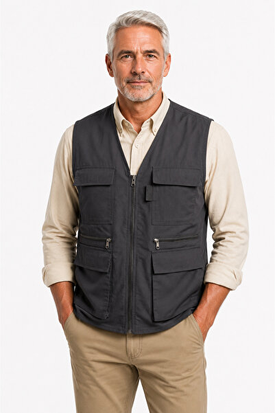 NACAR STYLİSH Erkek Baba V Yaka Model Çok Cepli Avcı Yeleği Mevsimlik Outdoor...