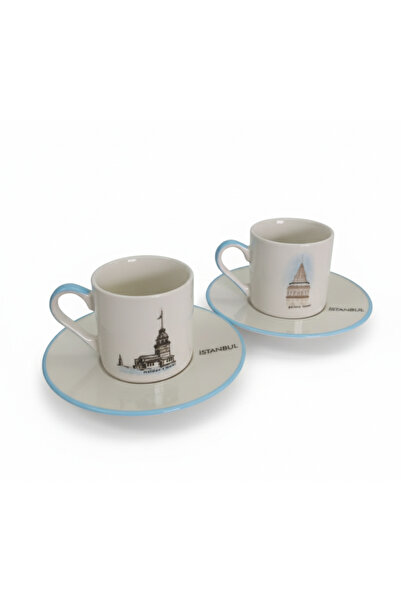 Decorium Istanbul Maiden's Tower and Galata 85 ml 4 Piece Porcelain Coffee Cu...