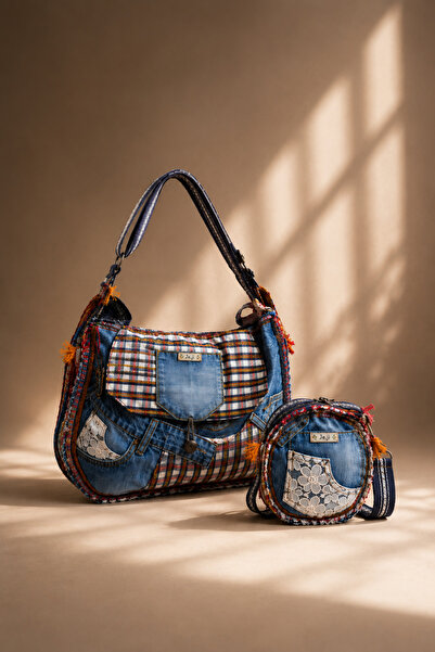 Boutique Juji BOHEM DENİM EL İŞÇİLİĞİ MİNİ ÇANTA VE OMUZ ÇANTA SETİ