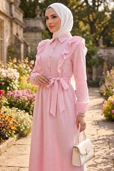 TOFİSA Fırfır Detaylı Dokuma Elbise Pembe - 28481-PEMBE