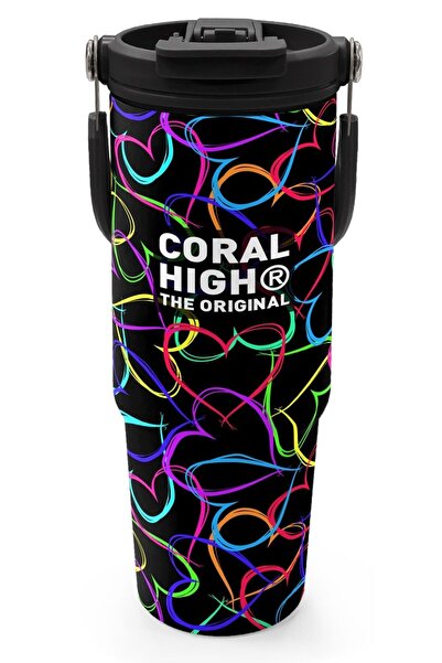 Coral High 900 ml Kız Çocuk Kalp Baskılı Siyah Pembe Çelik Termos /Matara - 3...