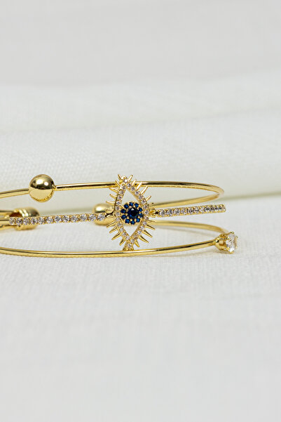 Süspüs Accessories 3 Row Gold Bracelet with Big Eye Figures and Stones