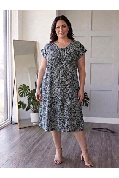 emeliyamoda Düşük Kol Büyük Beden Çiçek Desen Pamuklu Anne Elbise