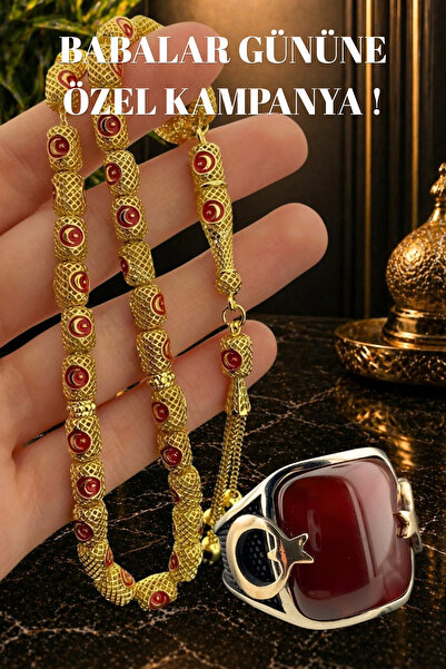 Duende Silver سبحة فيوجن، سبحة بعلم تركي، خاتم بعلم تركي، خاتم بحجر العقيق عل...
