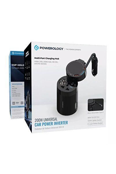 Powerology محول طاقة عالمي للسيارة بقوة 200 واط باللون الأسود