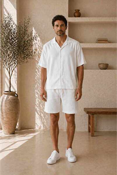 MYDARKSTYLE Men's Short Sleeve Wrinkled Shirt Shorts Set