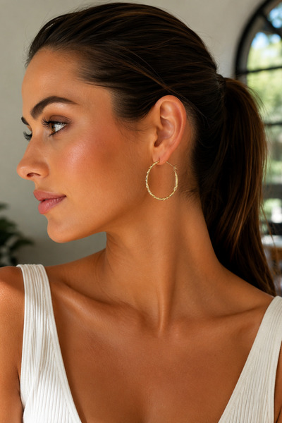 Balenbi Gold Color Stainless Steel Textured Large Hoop Earrings 1046