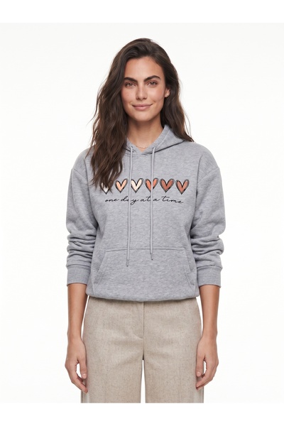 ONLOOX Gray Melange Cotton Three-Thread Ribbed Hooded Heart Printed Kangaroo ...