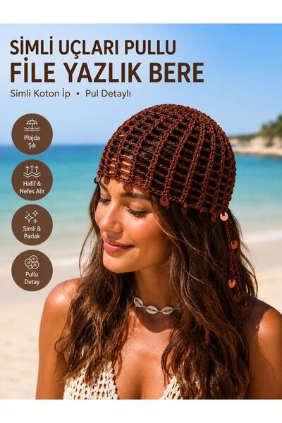PİNKBAG قبعة شبكية بنية اللون مزينة بالترتر البوهيمي