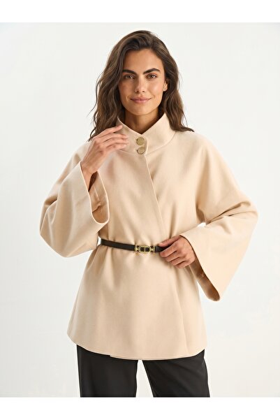 ONLOOX Beige Wool Lycra Stand Collar Gold Button Detailed Belted Standard Fit...