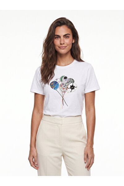 ONLOOX White Cotton Crew Neck Short Sleeve T-Shirt with Colorful Balloon Embr...
