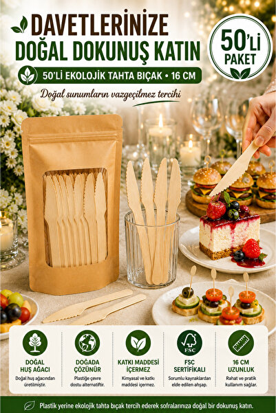 OpenCity 50'li Ekolojik Tahta Bıçak 16 cm Doğal Huş Ağacı Kullan At Davet Par...
