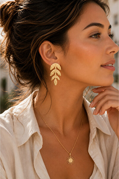 POYASE Textured Leaf Patterned Gold Color Earrings
