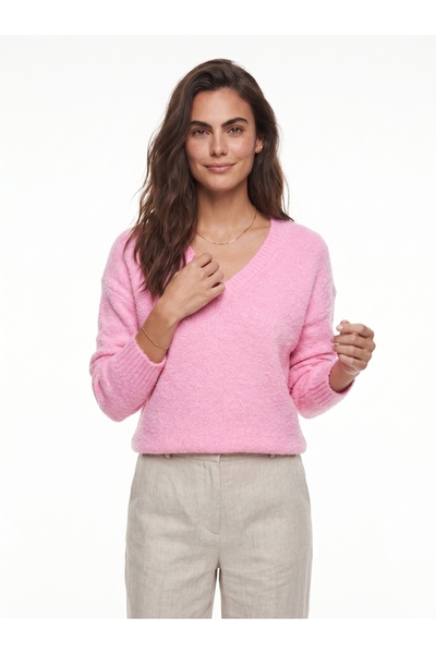 ONLOOX Candy Pink Self Textured V-Neck Acrylic Blended Soft Knitted Sweater