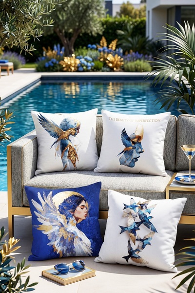 EVPANYA Set de 4 huse de pernă cu model Indigo Girl and Birds