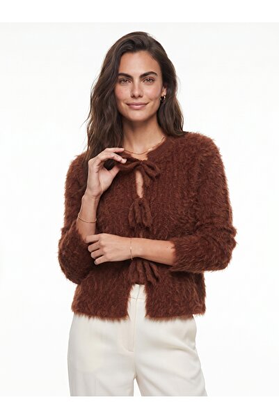 ONLOOX Coffee Acrylic Blended Long Sleeve Standard Fit Front Tie Fringed Knit...