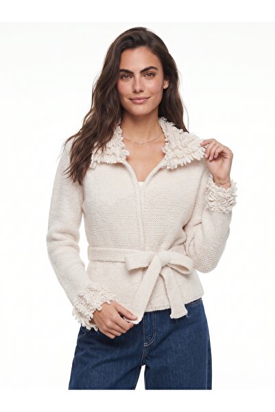 ONLOOX Ecru Acrylic Blended Flexible Knitwear Cardigan with Tassel Detail on ...