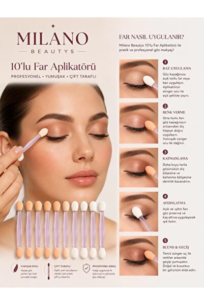 MİLANO BEAUTYS 10 Adet Far Sürme Fırçası, Çift Taraflı Far Aplikatörü