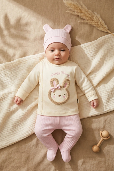 ANP MODA TASARIM Mila Bunny Embroidered 100% Cotton 3-Piece Baby Set - Side S...