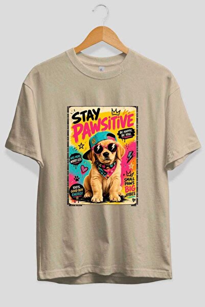 Ankhises For Dog Lovers 66 Front Dog Printed Beige Oversize T-Shirt 100% Cott...