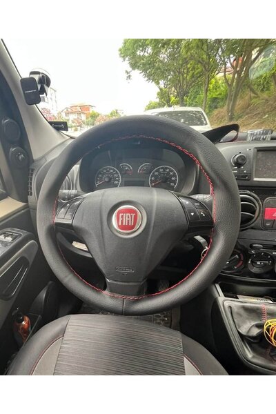 HASBAY DİKİŞLİ DİREKSİYON KILIFI SİYAH DERİ KIRMIZI DİKİŞLİ FIAT FİORİNO LİNE...