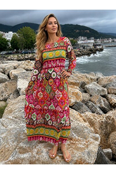 Moda Banuş فستان صيفي طويل ملون باللون الوردي - مقاس واسع