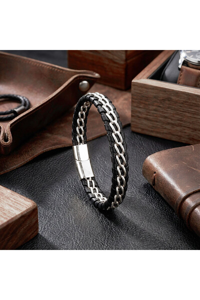 Parmas Design Double Chain Steel and Leather Detailed Men's Masculine Premium...