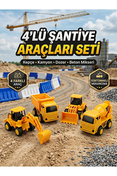 vellora Kamyon Kepçe Dozer Beton Mikseri 4'lü Oyuncak araba Şantiye Seti