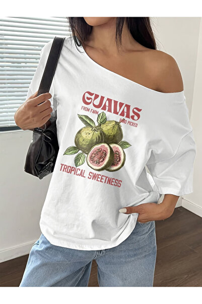 OVER HEAD Tricou de damă cu imprimeu Guavas, cu gât barcă și umeri goi, 100% ...