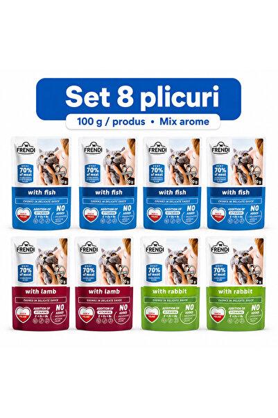 FRENDİ Cat, hrana umeda pentru pisici, Set 8 plicuri, Mix Peste, Miel, Iepure...