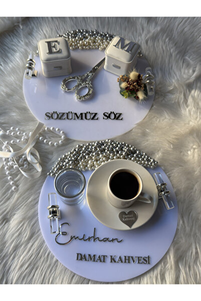 CatplexBoutique Söz Tepsisi - Kişiye Özel 2'li Nişan Tepsisi Damat Kahvesi Te...