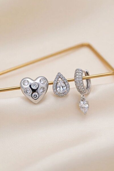 RMY MODA Women's Silver 3-Piece Heart Earrings
