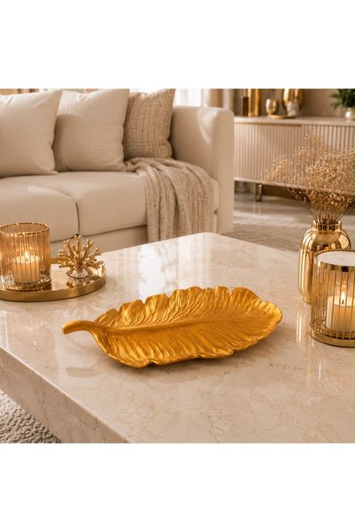 MİREVA Gold Decorative Leaf Tray 40 cm – Large Decorative Plate, Tabletop Living Room Coffee Table Console Decor, Stone Powder Home Decoration Accessory