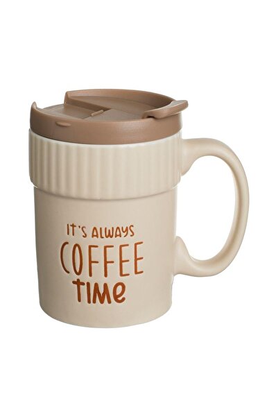OEM Cană New Bone bej cu capac, 400 ml, design modern pentru cafea și ceai