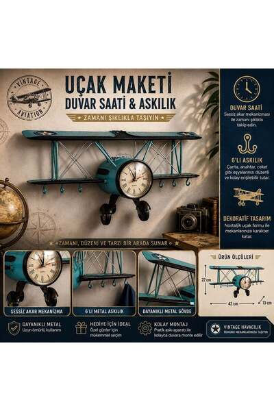 İki Yedi Konsept Cloport Retro Uçak Maketi Duvar Saati 6'lı Metal Askılık Vin...