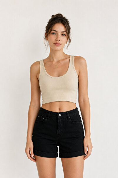 WODDİ Ters Paça Detaylı Kadın Siyah Jeans Şort Günlük Esnek Denim Kot Şort