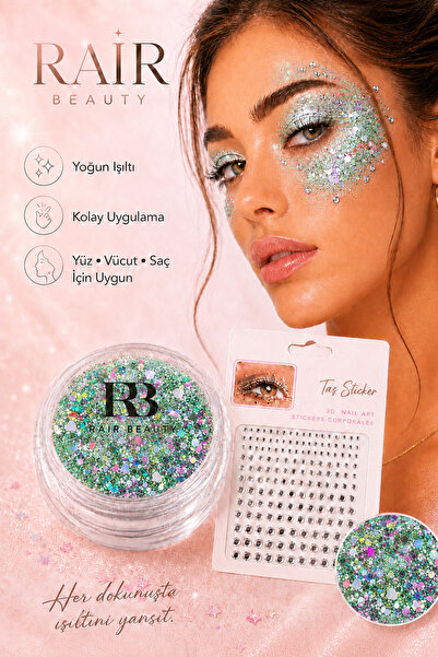 RAİR BEAUTY Glitter Far Jel Far Yeşil Renk ve Süsleme Taşı Set