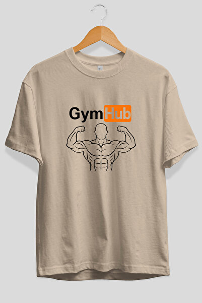 Ankhises Tricou Gym Hub oversize cu imprimeu frontal, bej, 100% bumbac, îmbră...
