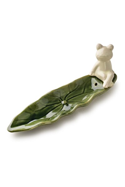 MONDEX Suport ceramic pentru tămâie Broască cu frunze 20 x 5.5 x 7.5 cm Verde...