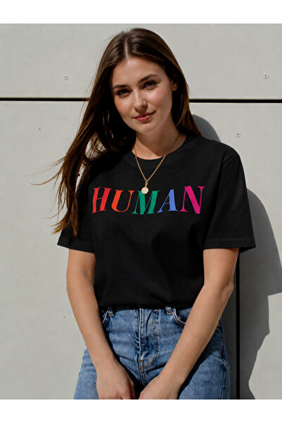 VODEXA Tricou oversize pentru femei, cu imprimeu HUMAN, 100% bumbac, croială ...
