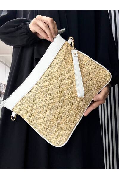 H&D COLLECTİON Wicker Handbag and Portfolio Clutch Bag with Long Strap, Suita...